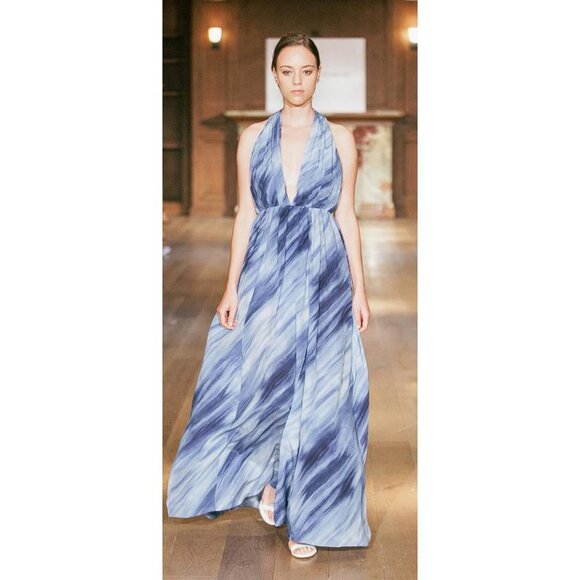 COLTON DANE Women's Blue Watercolor Halter Maxi Evening Dress - Picture 1 of 10